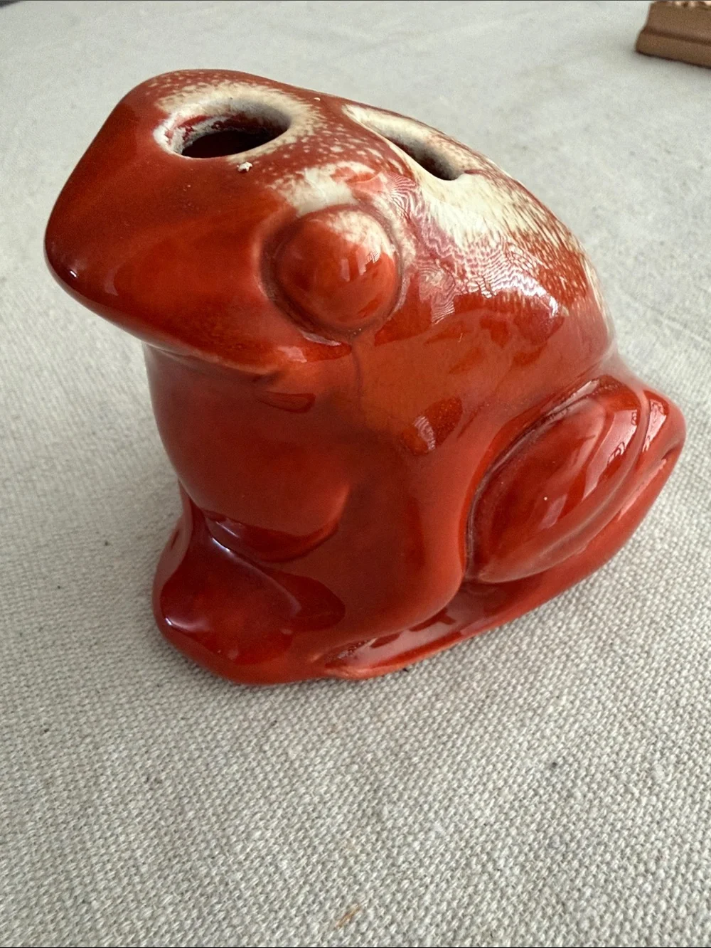 Vintage MCM Orange Ceramic Frog Figurine Toothbrush Caddy